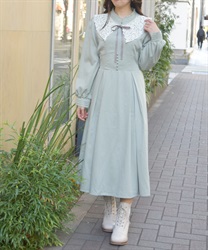付け襟付ハイウエストワンピース【期間限定価格】(ミント-M)