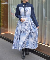 チェーン付アートローズ柄ワンピース(紺-M)