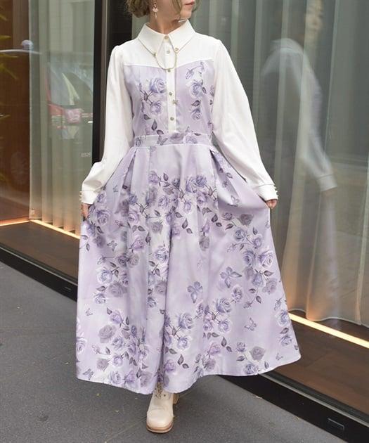 チェーン付アートローズ柄ワンピース