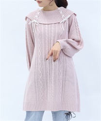 レースアップニットチュニック(ピンク-F)