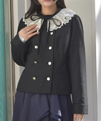 レース襟ノーカラージャケット(黒-F)