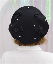 リボン×パール装飾ベレー(黒-F)