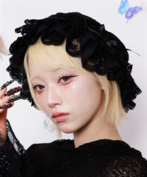 リボン×フリルレースキャップ(黒-F)
