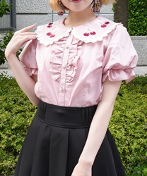 チェリー刺繍コットンブラウス(ピンク-M)