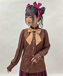 ストライプサテンブラウス(茶-M)