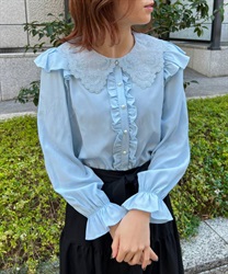 フラワー刺繍襟ブラウス(サックス-M)