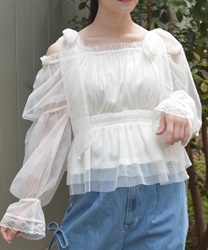 パール付リボンチュールプルオーバー【2点10%OFF対象商品】(白-F)