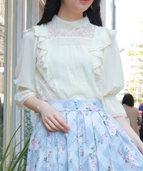 レース×シフォン七分袖ブラウス(生成り-F)