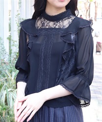 レース×シフォン七分袖ブラウス(黒-F)
