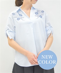 花刺繍スキッパーシャツ【期間限定価格】(サックス-F)
