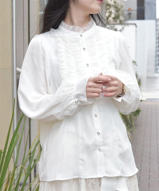 チュールフリルハイネックブラウス