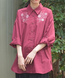 花刺繍オーバーシャツ(ワイン-F)