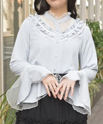 ドットチュール姫袖ブラウス(サックス-F)