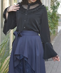 ドットチュール姫袖ブラウス(黒-F)