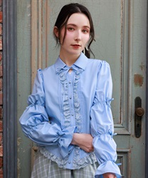 シャーリングスリーブブラウス【予約】(ブルー-F)