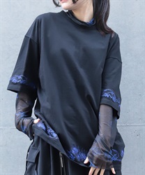 彼岸花刺繍半袖Ｔシャツ(瑠璃色-F)