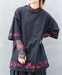 彼岸花刺繍半袖Ｔシャツ(真紅-F)