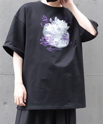 蓮プリント×刺繍Ｔシャツ(京紫-F)