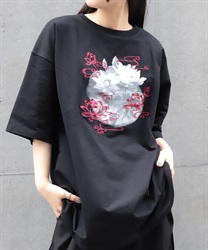 蓮プリント×刺繍Ｔシャツ(真紅-F)