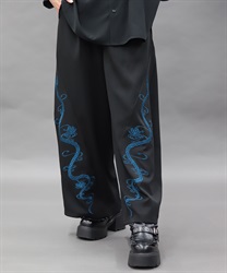 蛇×蓮刺繍ワイドパンツ(孔雀青-S)