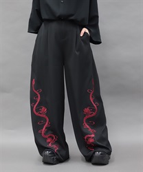 蛇×蓮刺繍ワイドパンツ(真紅-S)