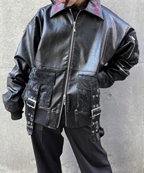 菊刺繍合皮ブルゾン(真紅-M)