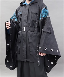 蝶刺繍和袖ミリタリーコート(孔雀青-M)