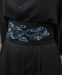 蛇×蓮刺繍帯ベルト(孔雀青-F)