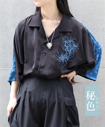 彼岸花刺繍半袖シャツ(秘色-M)