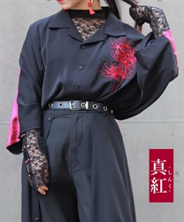 彼岸花刺繍半袖シャツ(真紅-M)