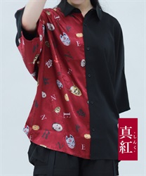和面プリント配色シャツ(真紅-M)