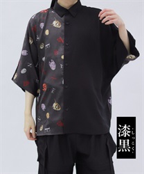 和面プリント配色シャツ(漆黒-M)