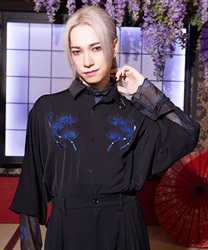 彼岸花刺繍半袖シャツ(瑠璃色-M)