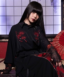 彼岸花刺繍半袖シャツ(真紅-M)