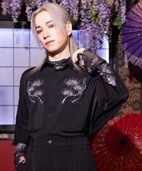 彼岸花刺繍半袖シャツ(月白-M)