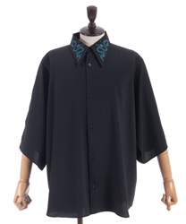 蛇×蓮刺繍半袖シャツ(孔雀青-M)