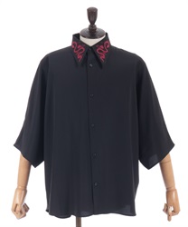 蛇×蓮刺繍半袖シャツ(真紅-M)