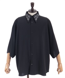 蛇×蓮刺繍半袖シャツ(月白-M)