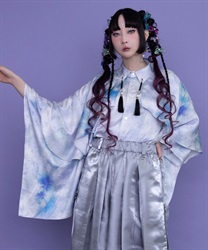 紫陽花×蝶ジャガード和袖シャツ(瑠璃色-S)