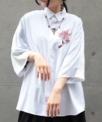 菊刺繍半袖シャツ(白百合色-M)