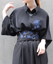 菊刺繍半袖シャツ(瑠璃色-M)