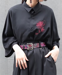 菊刺繍半袖シャツ(真紅-M)
