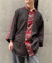 麻雀牌プリントチャイナシャツ(赤-M)