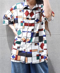 レトロステンドグラス柄シャツ(白-M)