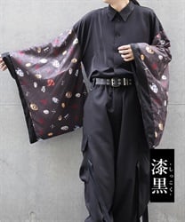和面プリント和袖シャツ(漆黒-M)