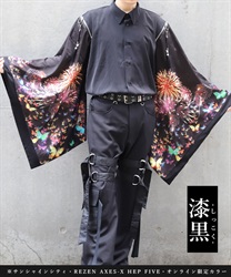 蝶×花火プリント和袖シャツ【Web先行販売】(漆黒-M)