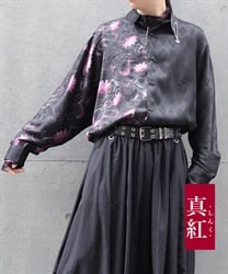 蓮プリント配色シャツ(真紅-M)