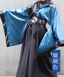 ジップ付配色和袖シャツ(瑠璃色-M)