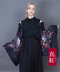 紅葉×扇子ジップ付和袖シャツ(真紅-M)