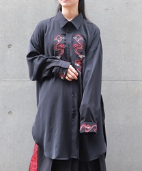 蛇×蓮刺繍ロングシャツ(真紅-M)